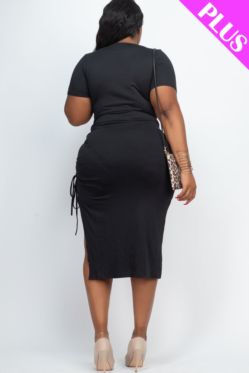 Plus Size Drawstring Ruched Side Split Hem Midi Dress (Capella)-Midi Dress-CAPELLA-BLACK-1X-Urbanheer