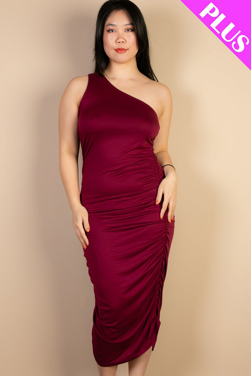 Plus Size Sexy Solid Color Ruched One Shoulder Midi Bodycon Dress (Capella)-Midi Dress-CAPELLA-BURGUNDY-1X-Urbanheer