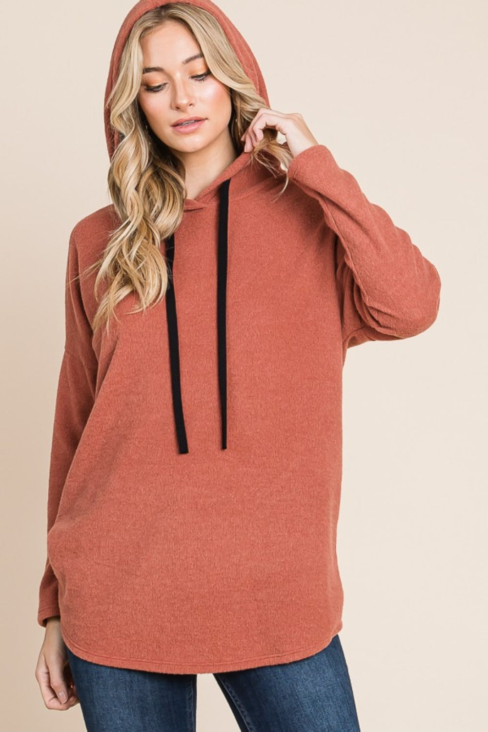 BOMBOM Contrast Drawstring Drop Shoulder Knit Hoodie-Street 360-Brick-S-Urbanheer