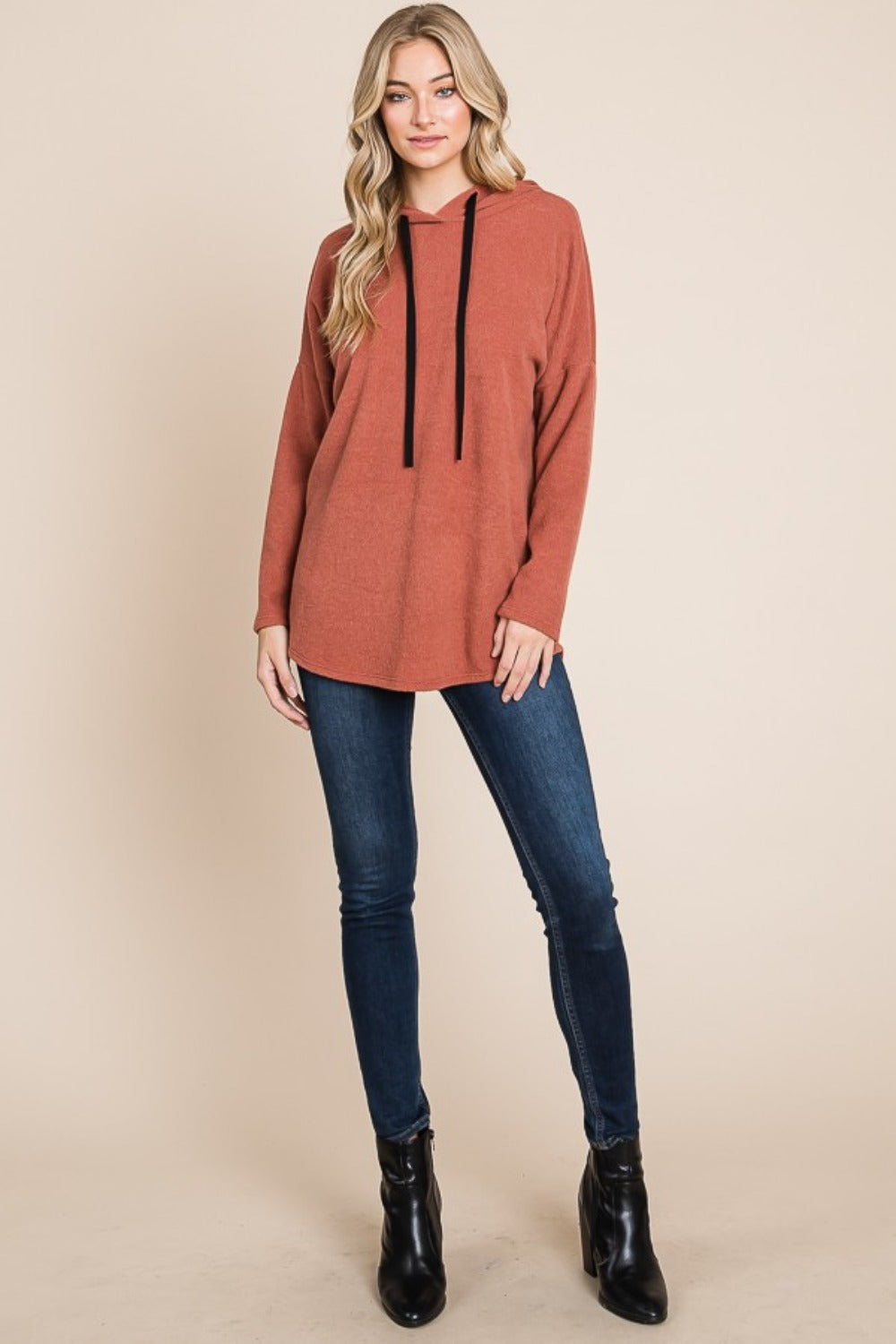 BOMBOM Contrast Drawstring Drop Shoulder Knit Hoodie-Street 360-Brick-S-Urbanheer