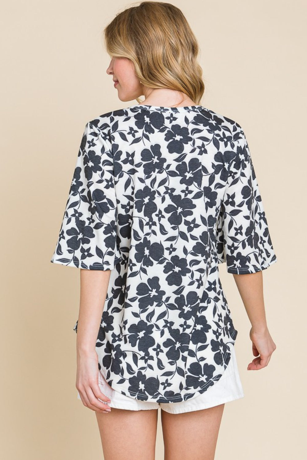 Bombom Floral Decorative Button V-Neck Top-Street 360-Black-S-Urbanheer