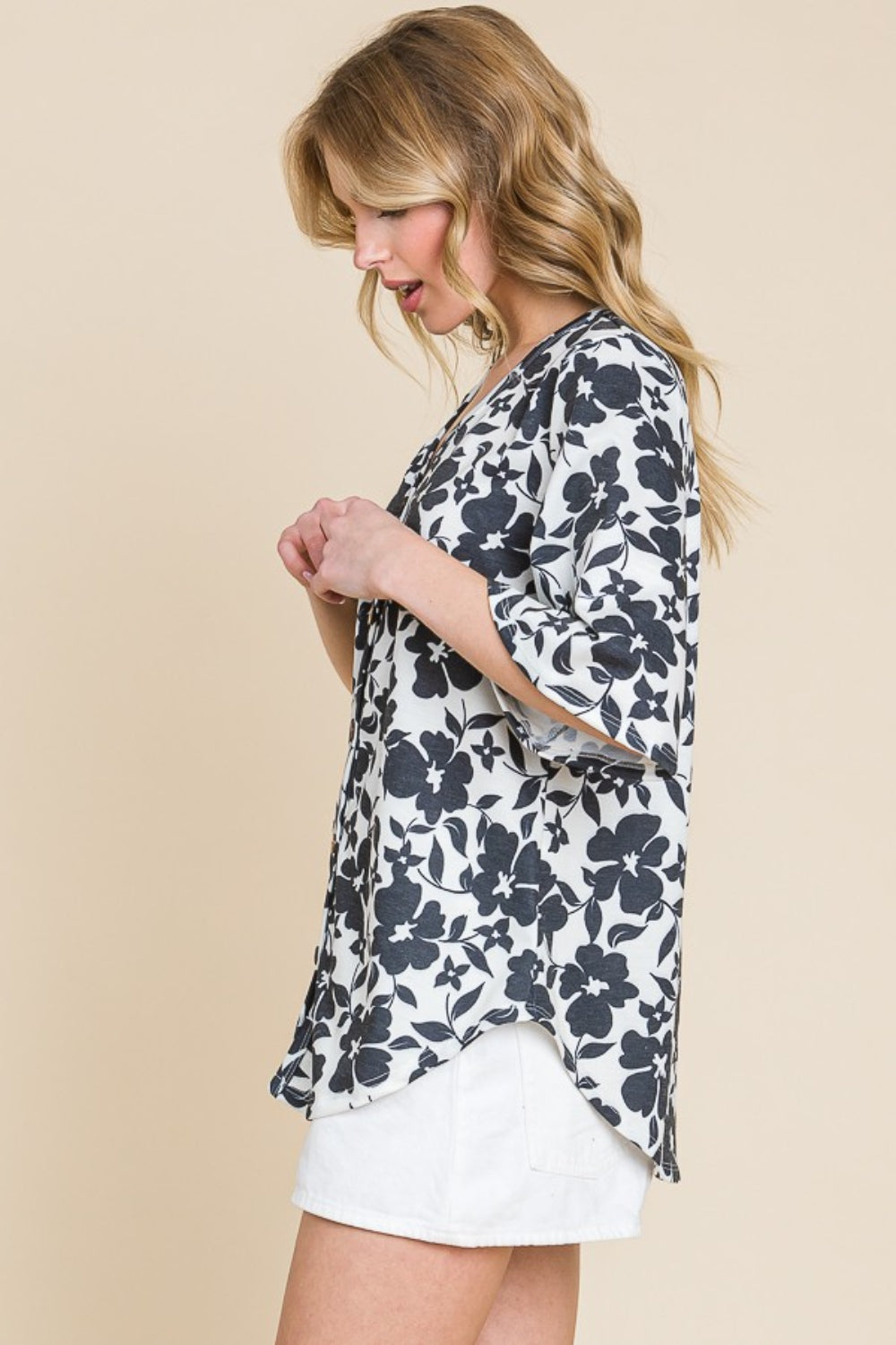 Bombom Floral Decorative Button V-Neck Top-Street 360-Black-S-Urbanheer