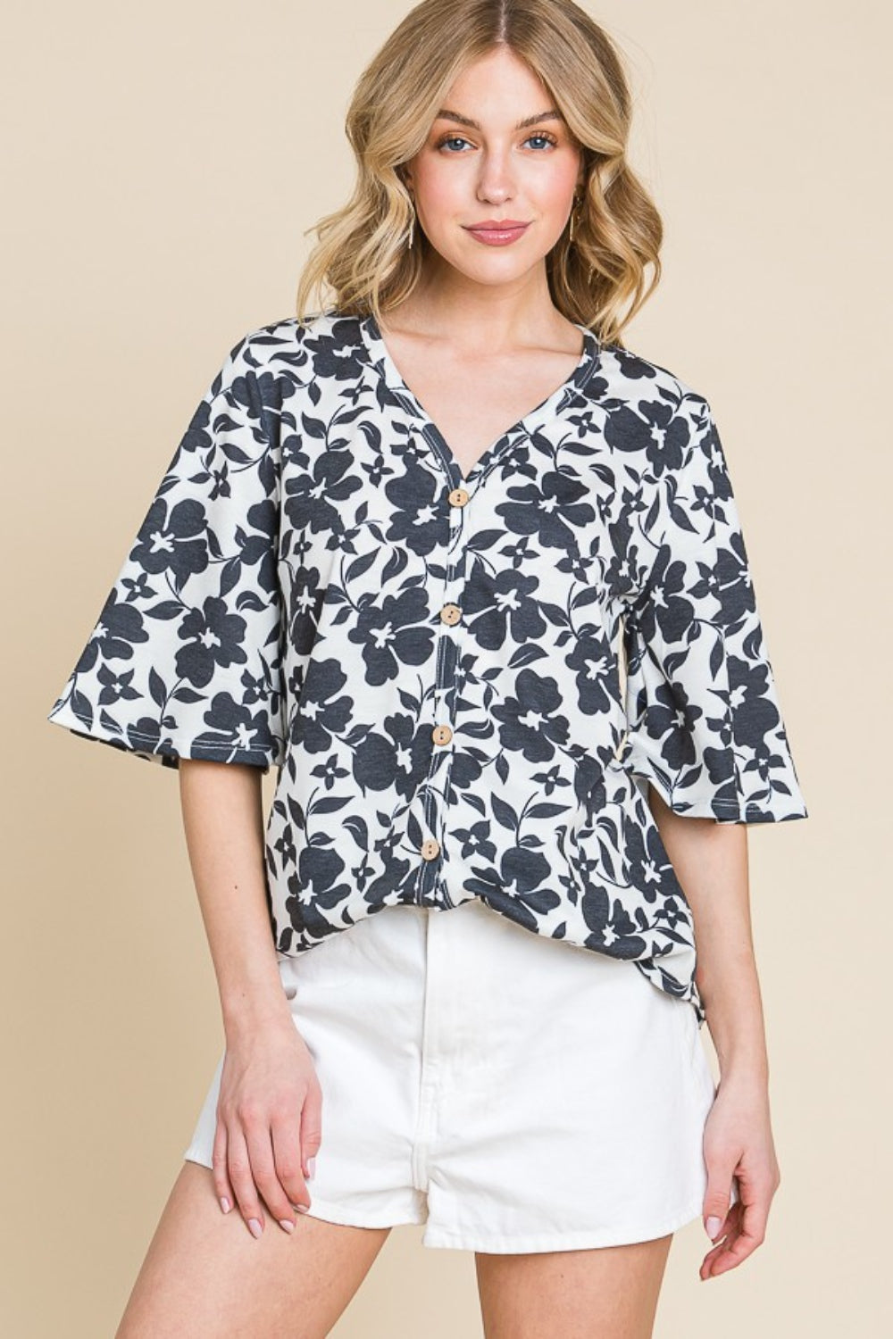 Bombom Floral Decorative Button V-Neck Top-Street 360-Black-S-Urbanheer