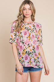 Bombom Floral Round Neck T-Shirt-Street 360-Sand-S-Urbanheer