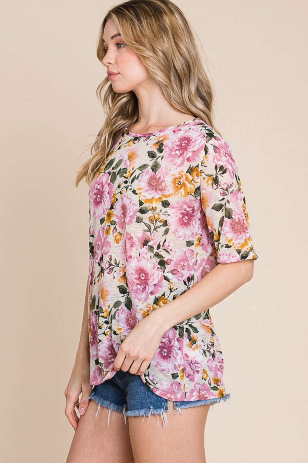 Bombom Floral Round Neck T-Shirt-Street 360-Sand-S-Urbanheer