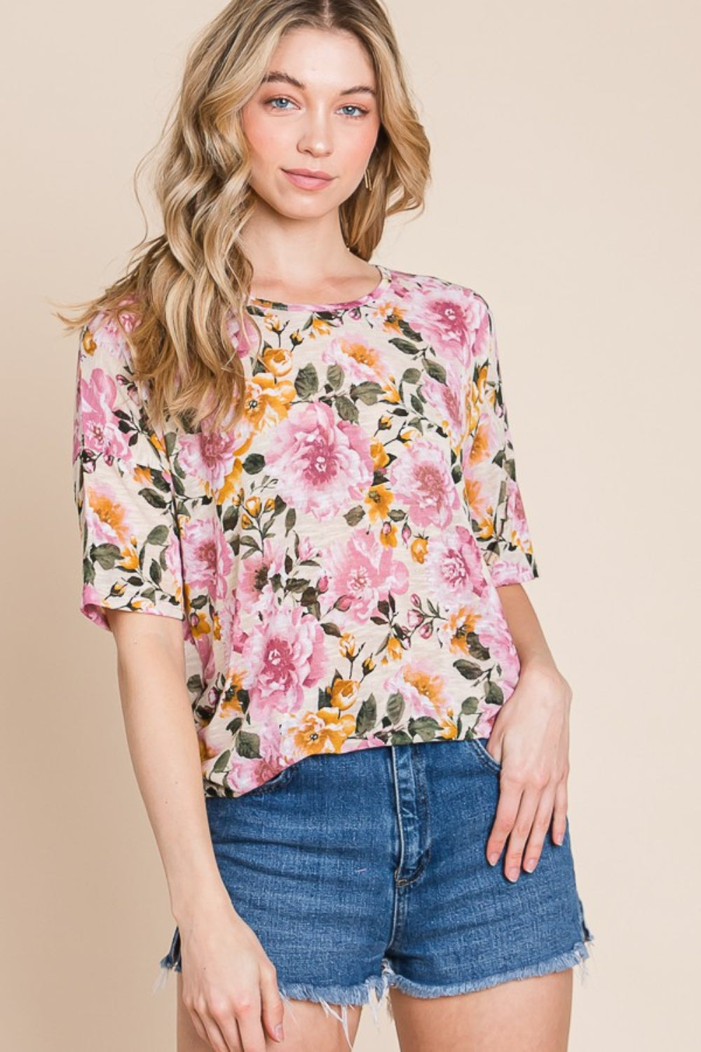 Bombom Floral Round Neck T-Shirt-Street 360-Sand-S-Urbanheer