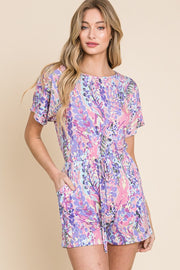 Bombom Print Short Sleeve Romper With Pockets-Street 360-Plum-S-Urbanheer