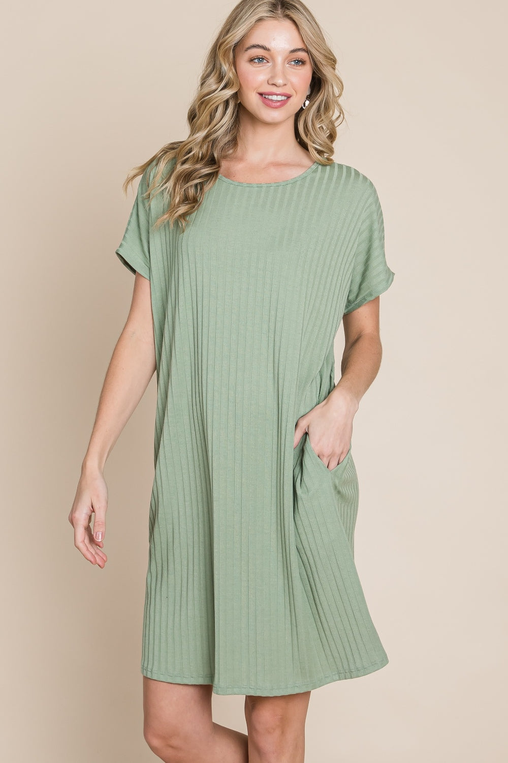 Bombom Ribbed Round Neck Short Sleeve Dress-Street 360-Sage-S-Urbanheer