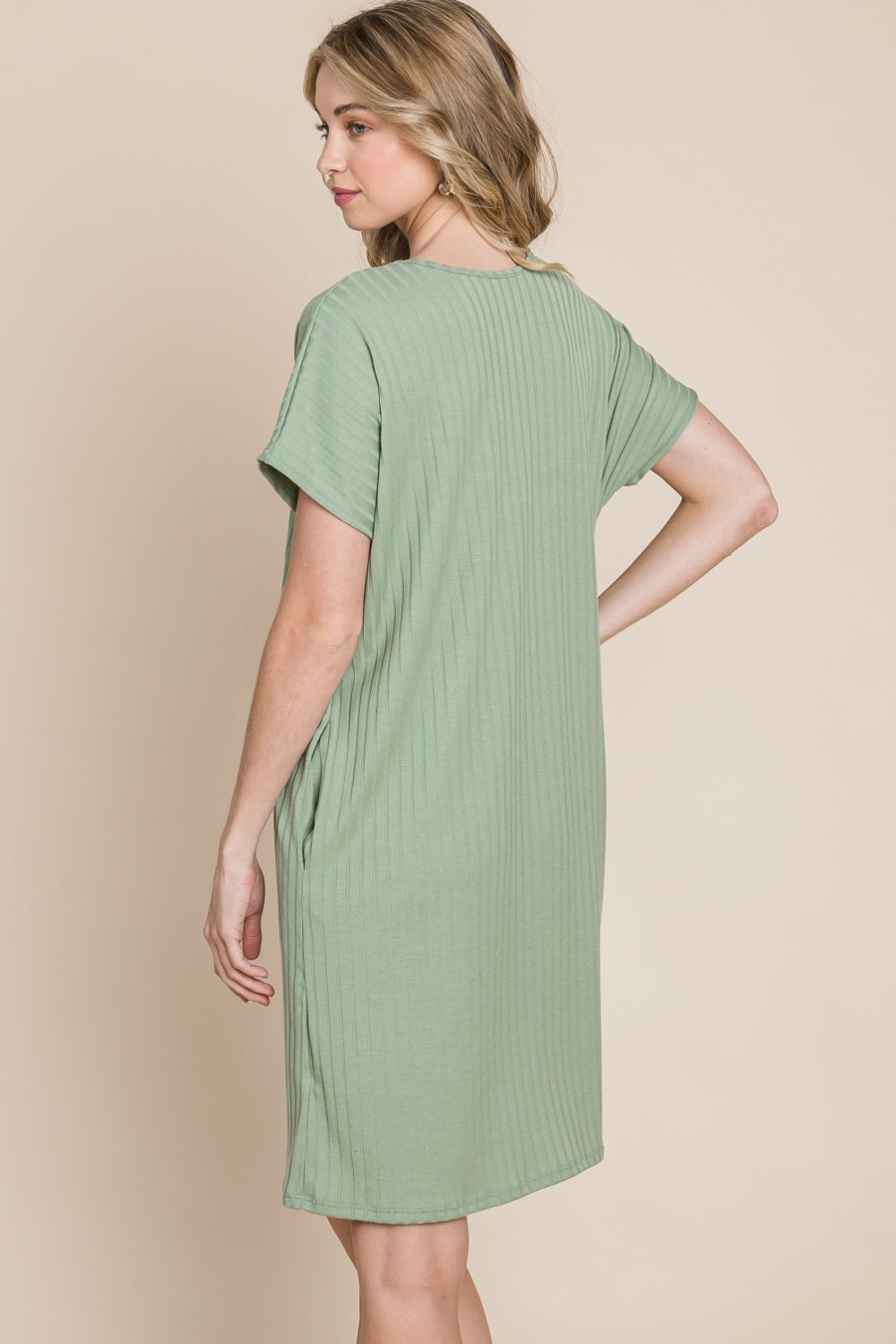 Bombom Ribbed Round Neck Short Sleeve Dress-Street 360-Sage-S-Urbanheer