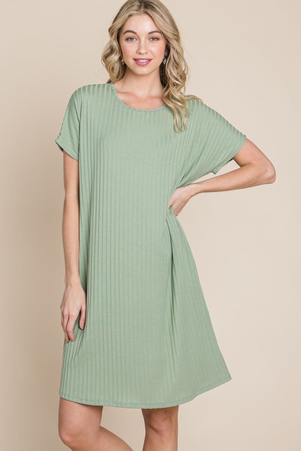 Bombom Ribbed Round Neck Short Sleeve Dress-Street 360-Sage-S-Urbanheer