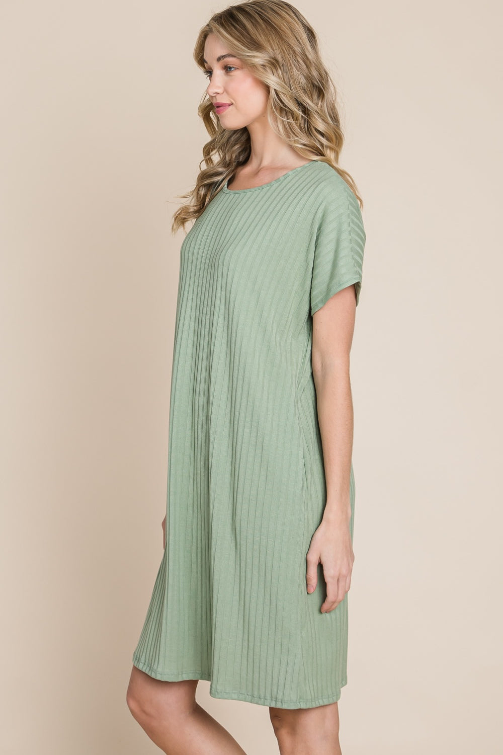 Bombom Ribbed Round Neck Short Sleeve Dress-Street 360-Sage-S-Urbanheer