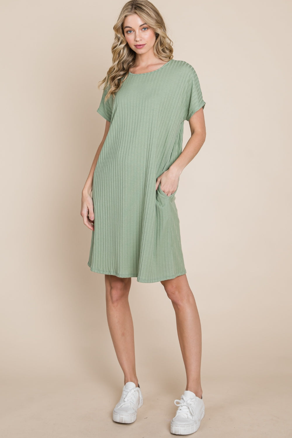 Bombom Ribbed Round Neck Short Sleeve Dress-Street 360-Sage-S-Urbanheer