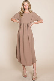 Bombom Round Neck Ruched Midi Dress-Street 360-Mocha-S-Urbanheer