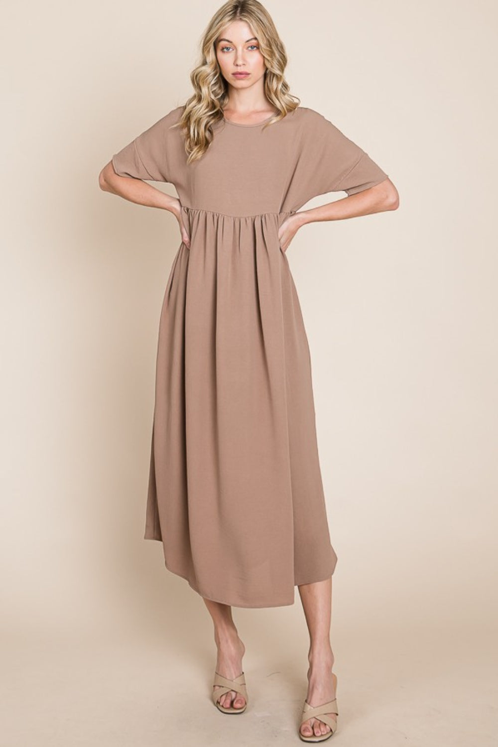 Bombom Round Neck Ruched Midi Dress-Street 360-Mocha-S-Urbanheer
