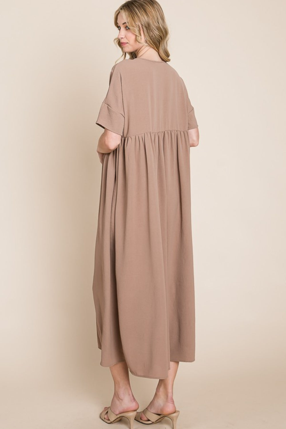 Bombom Round Neck Ruched Midi Dress-Street 360-Mocha-S-Urbanheer