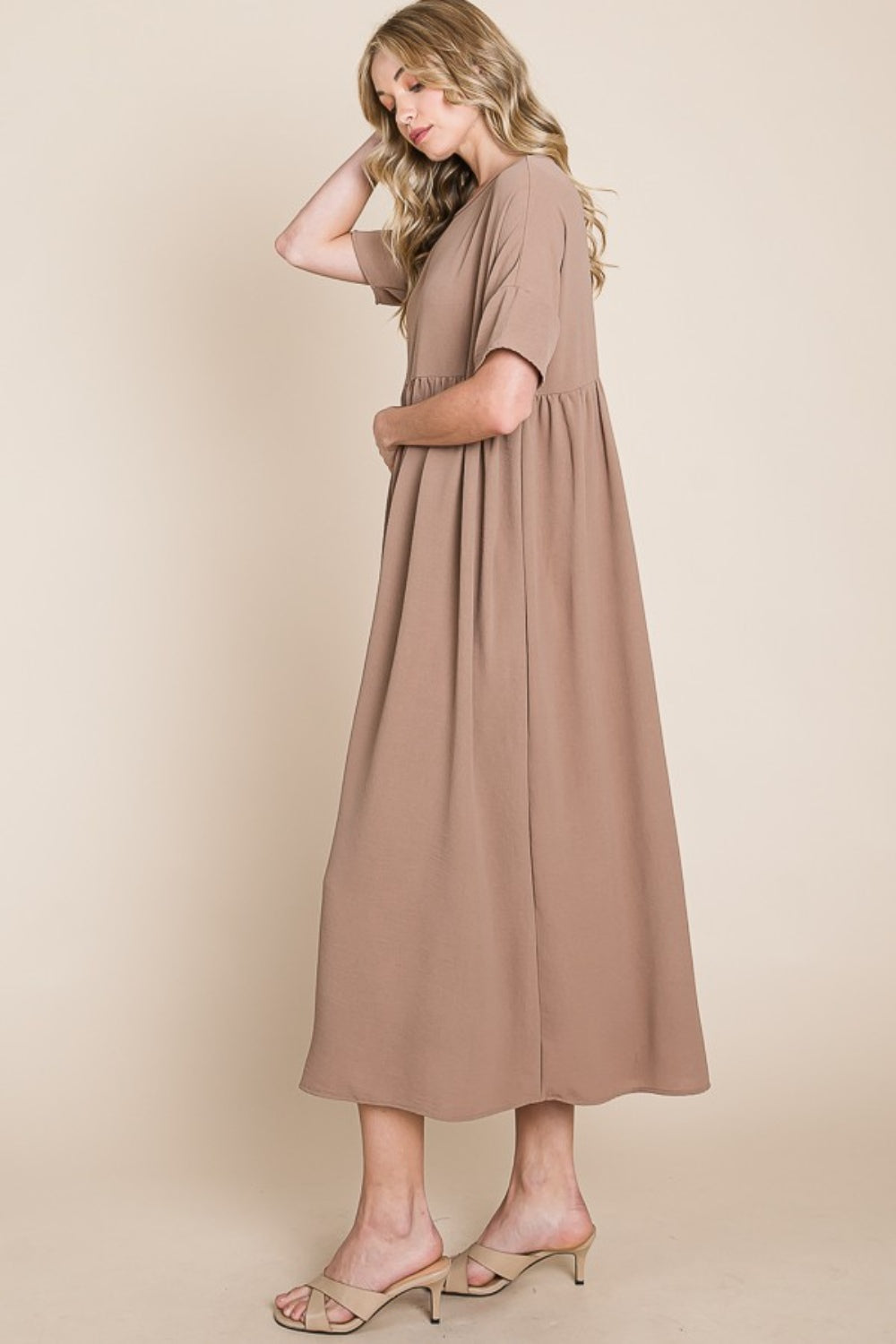Bombom Round Neck Ruched Midi Dress-Street 360-Mocha-S-Urbanheer