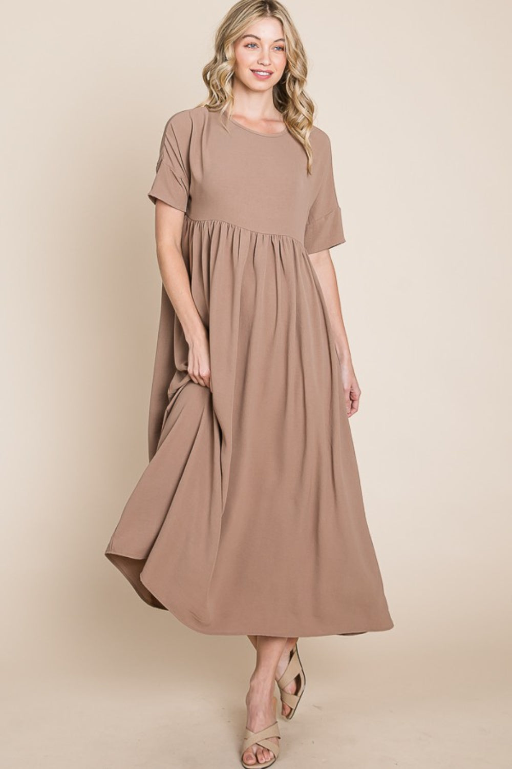 Bombom Round Neck Ruched Midi Dress-Street 360-Mocha-S-Urbanheer