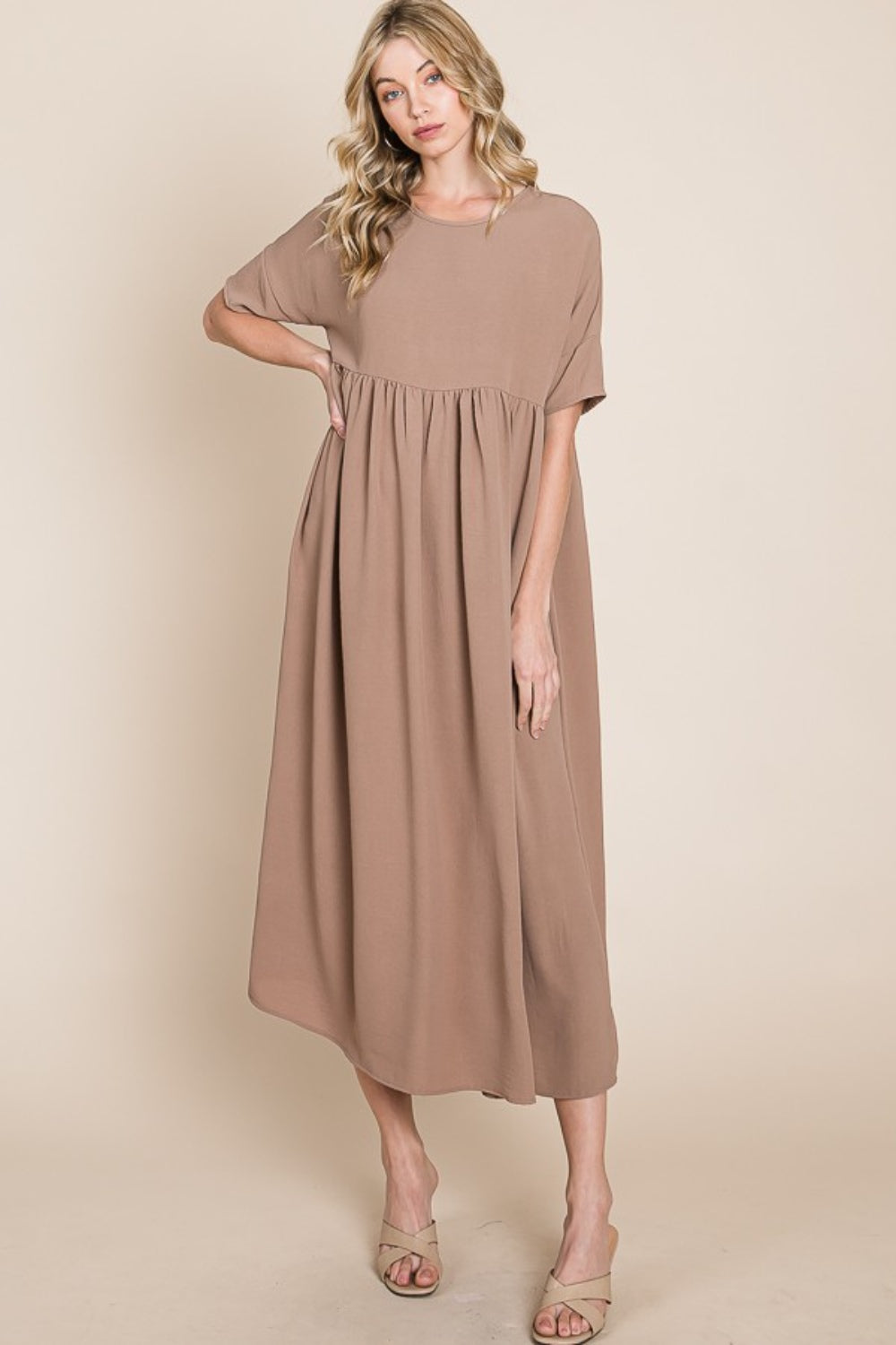 Bombom Round Neck Ruched Midi Dress-Street 360-Mocha-S-Urbanheer
