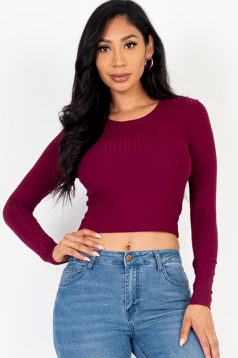 Long Sleeve Round Neck Basic Crop Top (Capella)-CAPELLA-BURGUNDY-S-Urbanheer