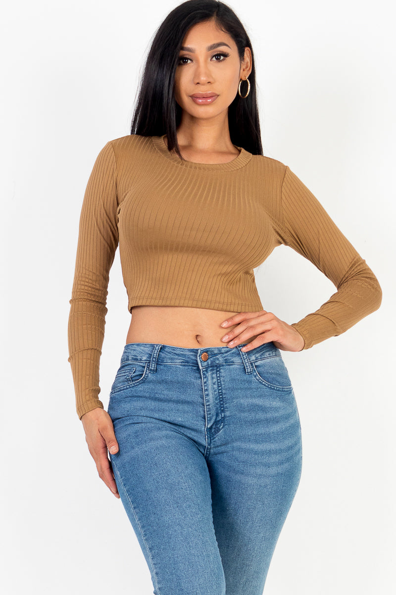 Long Sleeve Round Neck Basic Crop Top (Capella)-CAPELLA-MOCHA-S-Urbanheer