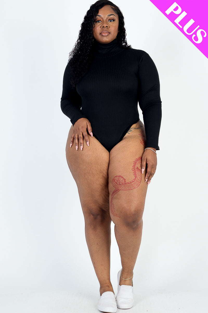 Plus Size Ribbed Turtle Neck Long Sleeve Bodysuit (Capella)-CAPELLA-BLACK-1X-Urbanheer