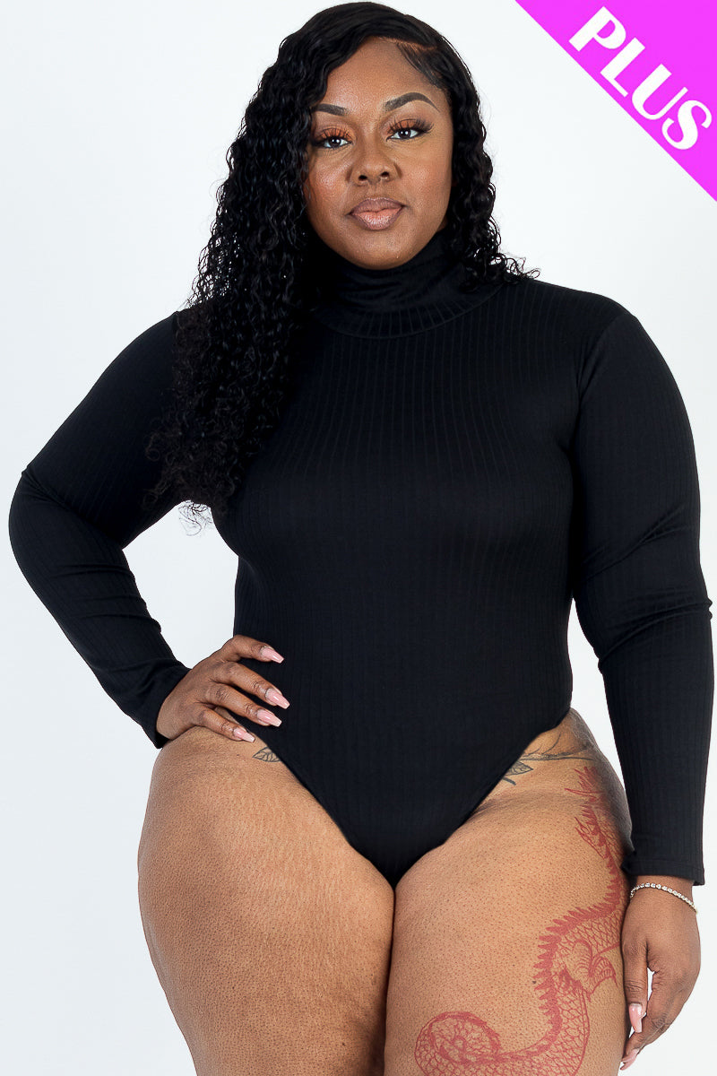 Plus Size Ribbed Turtle Neck Long Sleeve Bodysuit (Capella)-CAPELLA-BLACK-1X-Urbanheer