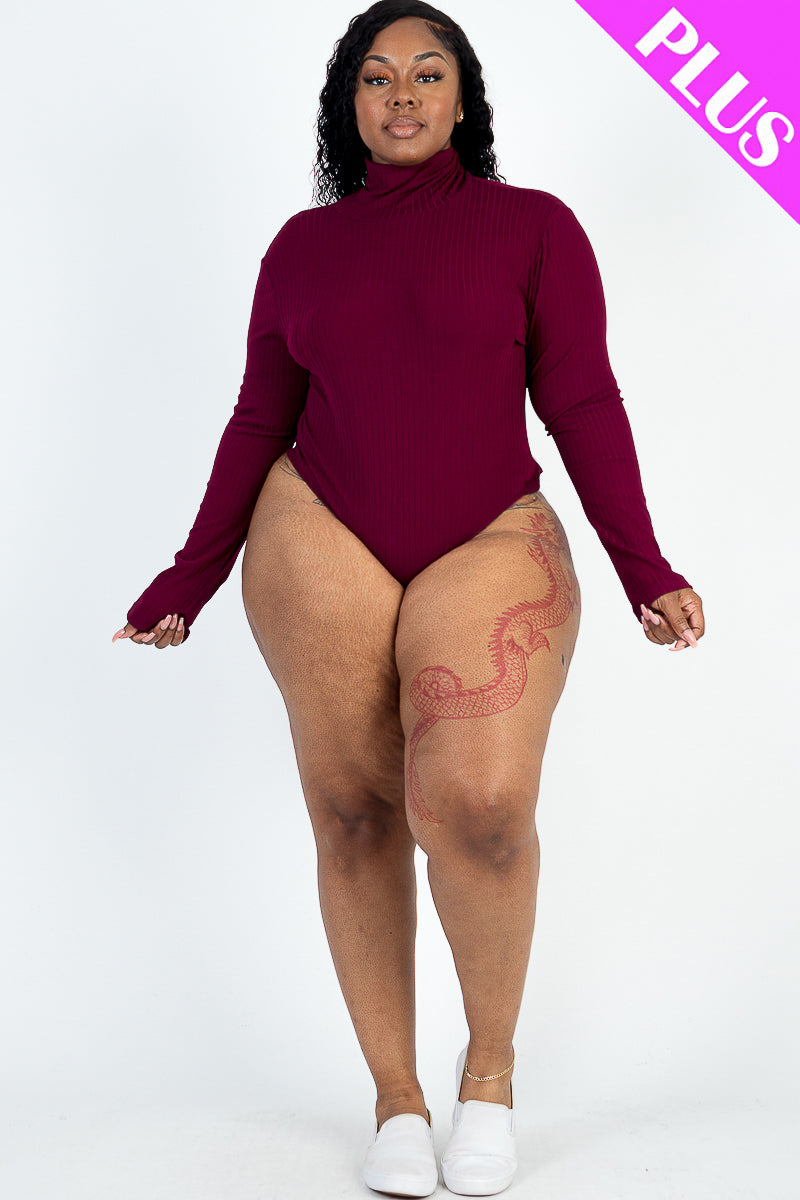Plus Size Ribbed Turtle Neck Long Sleeve Bodysuit (Capella)-CAPELLA-BLACK-1X-Urbanheer