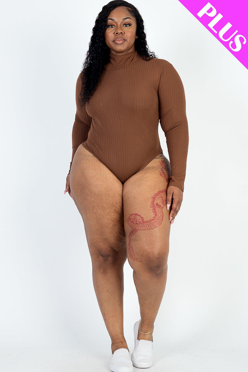 Plus Size Ribbed Turtle Neck Long Sleeve Bodysuit (Capella)-CAPELLA-BLACK-1X-Urbanheer