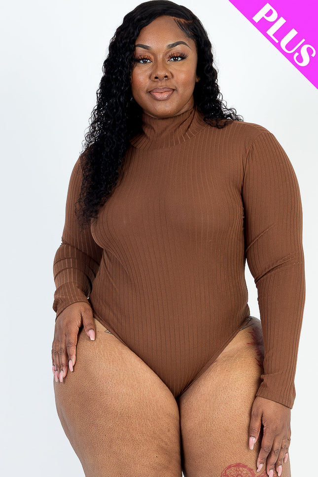 Plus Size Ribbed Turtle Neck Long Sleeve Bodysuit (Capella)-CAPELLA-DOWNTOWN BROWN-1X-Urbanheer