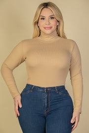 Plus Size Ribbed Turtle Neck Long Sleeve Bodysuit (Capella)-CAPELLA-KHAKI-1X-Urbanheer