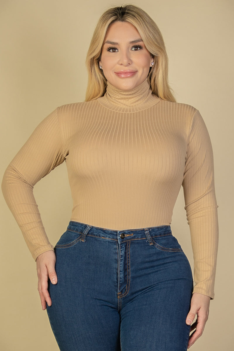 Plus Size Ribbed Turtle Neck Long Sleeve Bodysuit (Capella)-CAPELLA-KHAKI-1X-Urbanheer