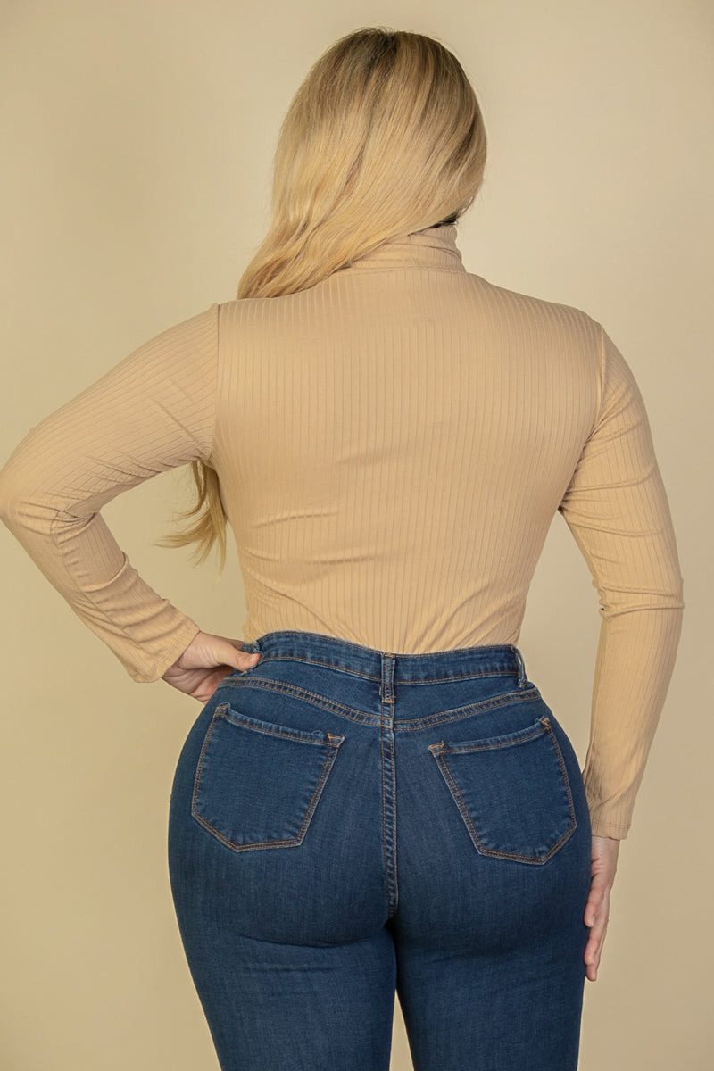 Plus Size Ribbed Turtle Neck Long Sleeve Bodysuit (Capella)-CAPELLA-BLACK-1X-Urbanheer