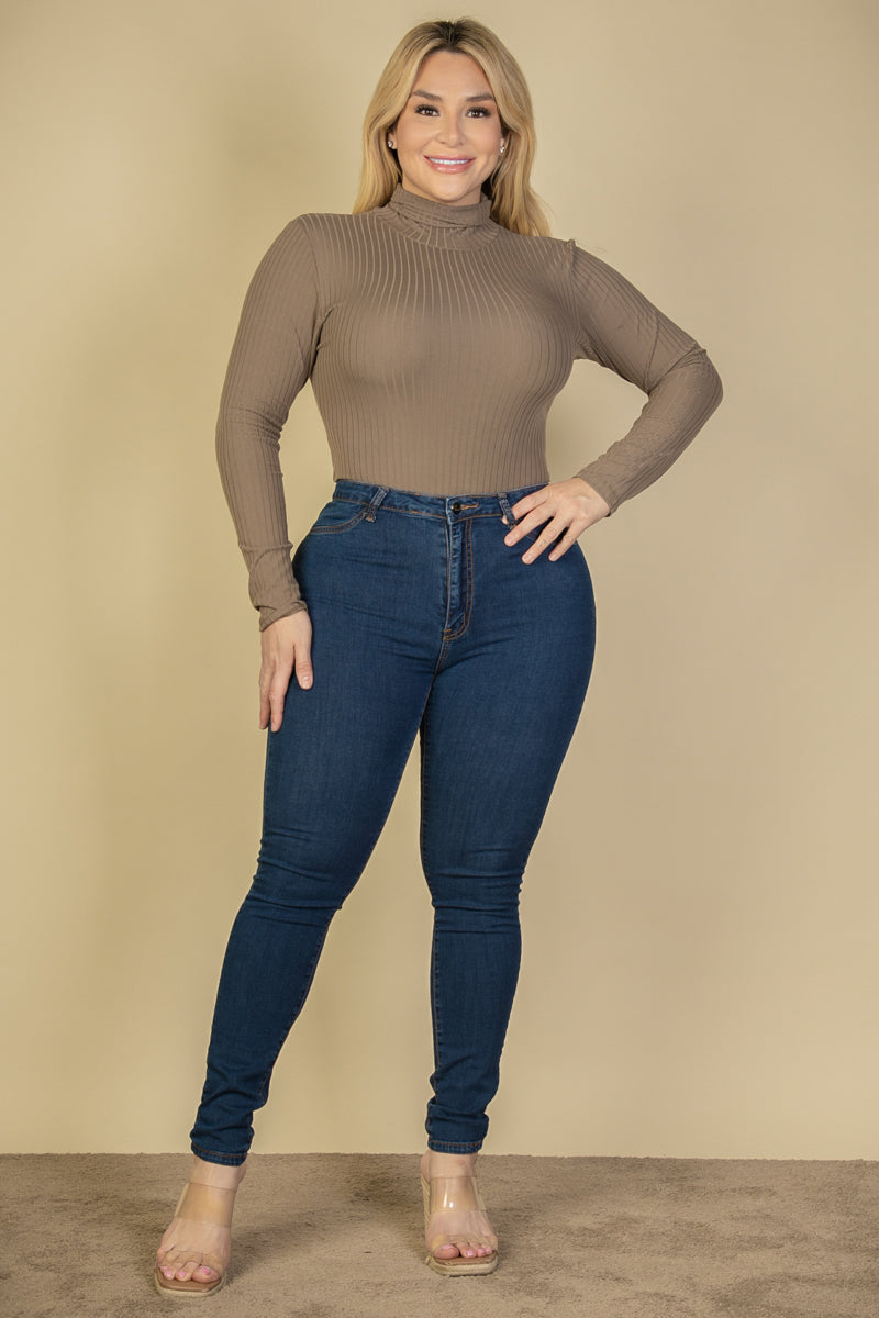 Plus Size Ribbed Turtle Neck Long Sleeve Bodysuit (Capella)-CAPELLA-BLACK-1X-Urbanheer
