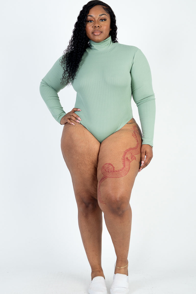 Plus Size Ribbed Turtle Neck Long Sleeve Bodysuit (Capella)-CAPELLA-BLACK-1X-Urbanheer