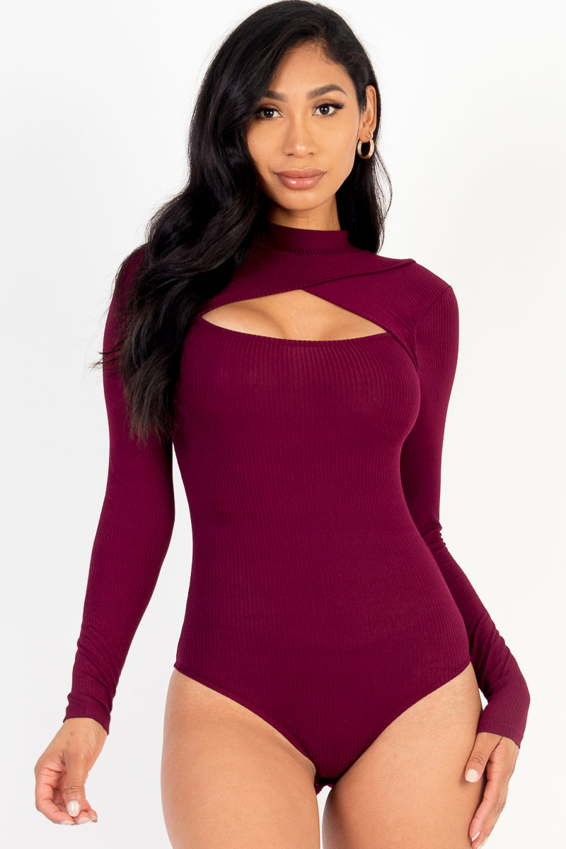 Front Cutout Long Sleeve Bodysuit (Capella)-CAPELLA-BURGUNDY-S-Urbanheer
