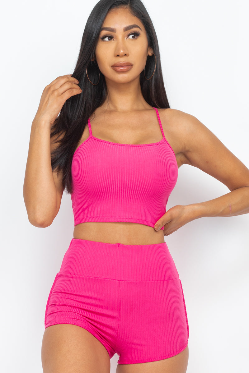 Ribbed Cami Crop Top & Ruched Shorts Set(Capella)-Top and Shorts-CAPELLA-BERRY-S-Urbanheer
