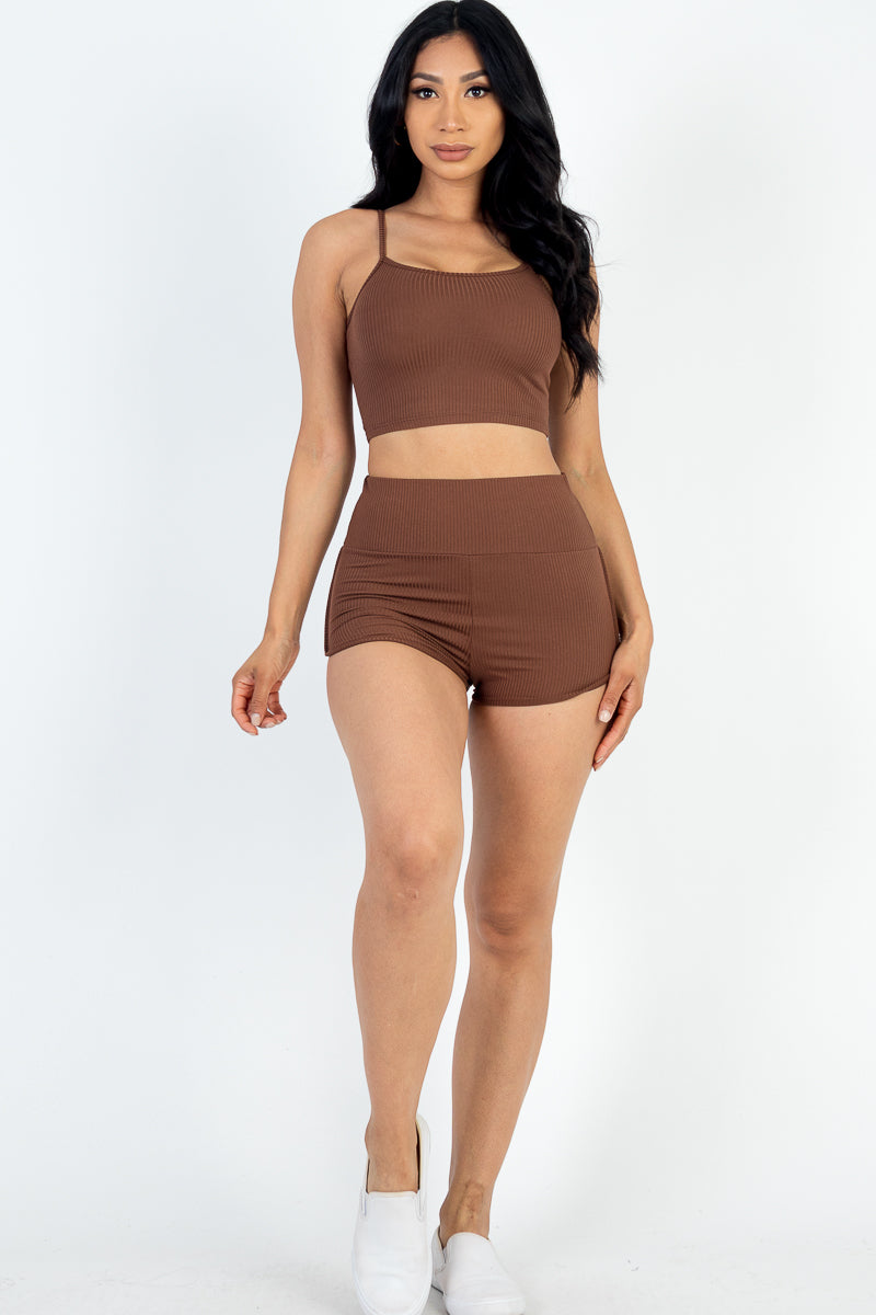 Ribbed Cami Crop Top & Ruched Shorts Set(Capella)-Top and Shorts-CAPELLA-BERRY-S-Urbanheer