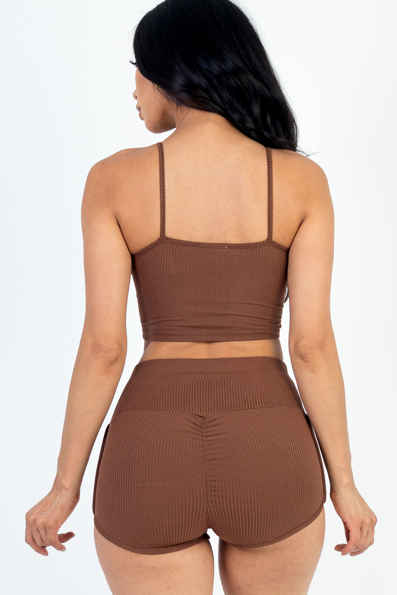 Ribbed Cami Crop Top & Ruched Shorts Set(Capella)-Top and Shorts-CAPELLA-BERRY-S-Urbanheer