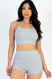 Ribbed Cami Crop Top & Ruched Shorts Set(Capella)-Top and Shorts-CAPELLA-GRAY-S-Urbanheer