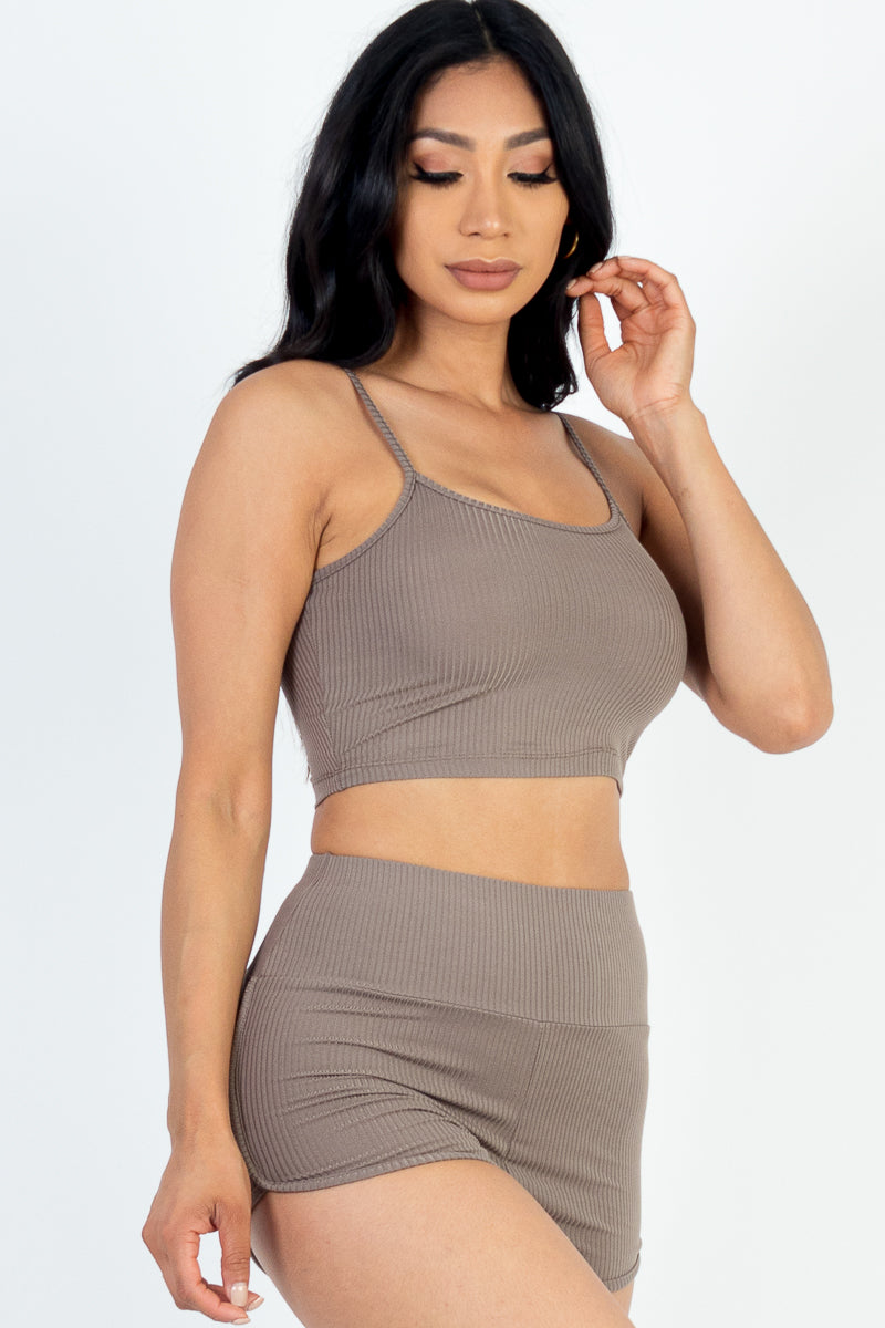 Ribbed Cami Crop Top & Ruched Shorts Set(Capella)-Top and Shorts-CAPELLA-BERRY-S-Urbanheer