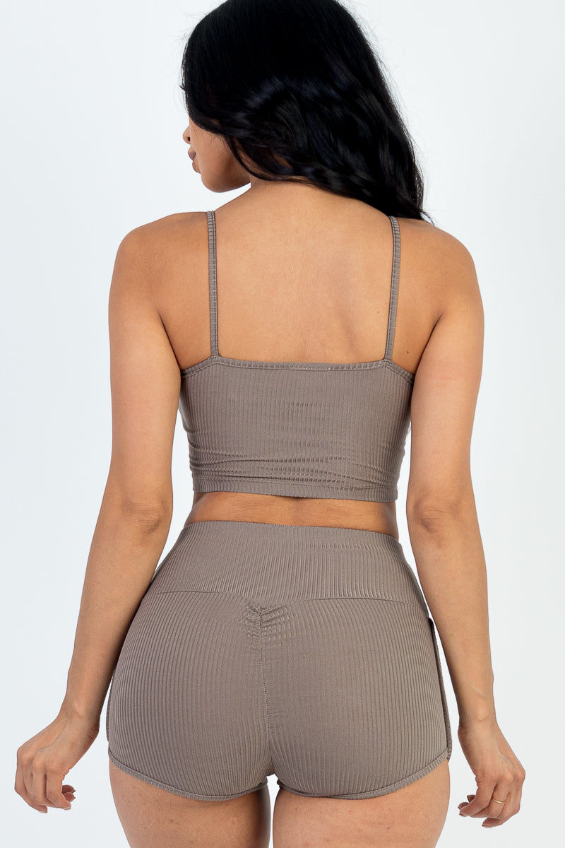 Ribbed Cami Crop Top & Ruched Shorts Set(Capella)-Top and Shorts-CAPELLA-BERRY-S-Urbanheer