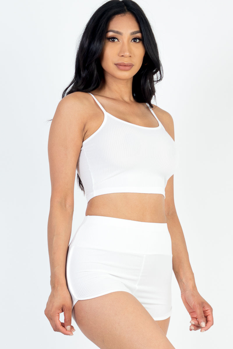 Ribbed Cami Crop Top & Ruched Shorts Set(Capella)-Top and Shorts-CAPELLA-BERRY-S-Urbanheer
