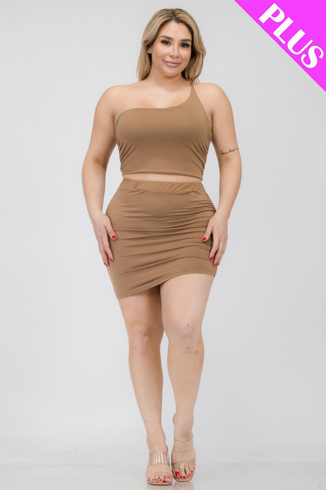 Plus Size One Shoulder Ruched Crop Top & Mini Skirt Set (Capella)-Top and Skirts-CAPELLA-Urbanheer