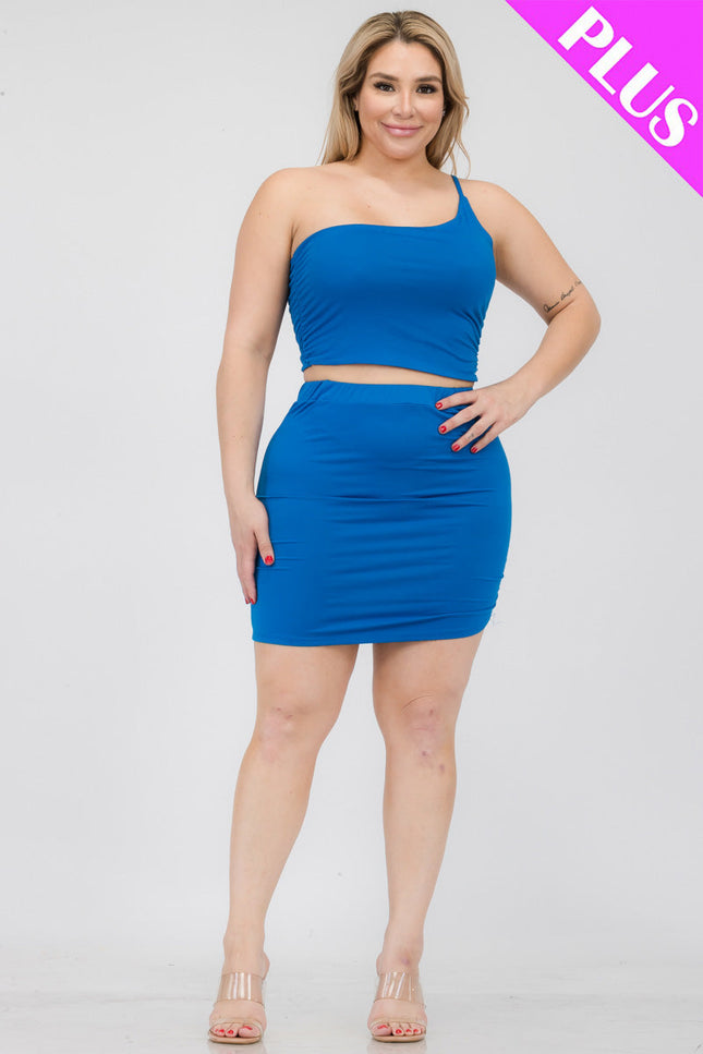 Plus Size One Shoulder Ruched Crop Top & Mini Skirt Set (Capella)-Top and Skirts-CAPELLA-SKYDIVER-1X-Urbanheer