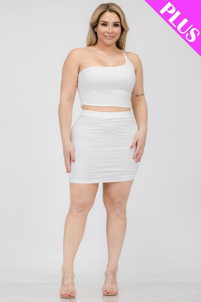 Plus Size One Shoulder Ruched Crop Top & Mini Skirt Set (Capella)-Top and Skirts-CAPELLA-Urbanheer