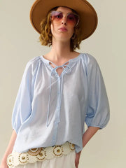 Baby Blue Chiffon Top with Puffed Sleeves-Top-Q2-L-BLUE-Urbanheer