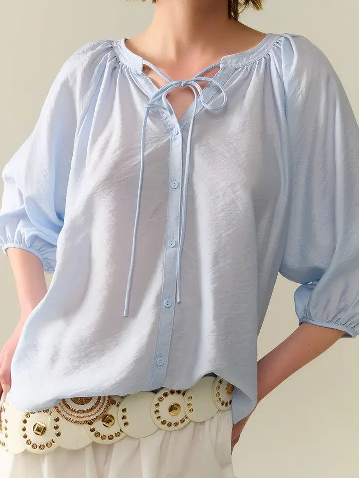 Baby Blue Chiffon Top with Puffed Sleeves-Top-Q2-L-BLUE-Urbanheer