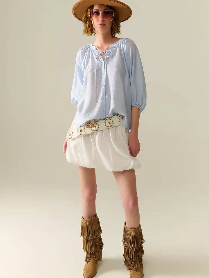Baby Blue Chiffon Top with Puffed Sleeves-Top-Q2-L-BLUE-Urbanheer