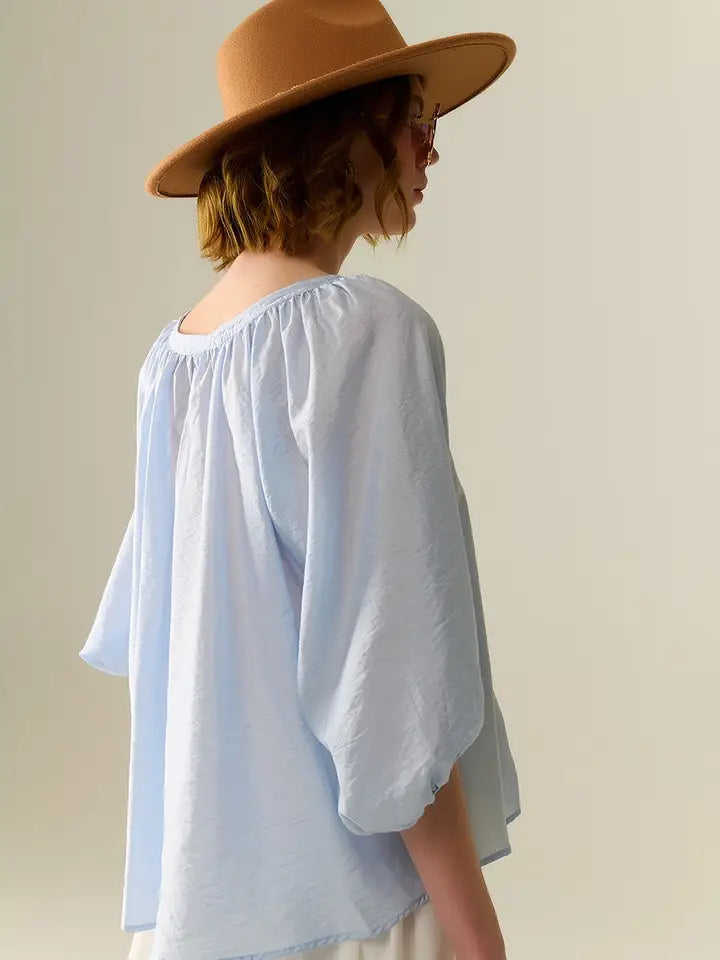 Baby Blue Chiffon Top with Puffed Sleeves-Top-Q2-L-BLUE-Urbanheer