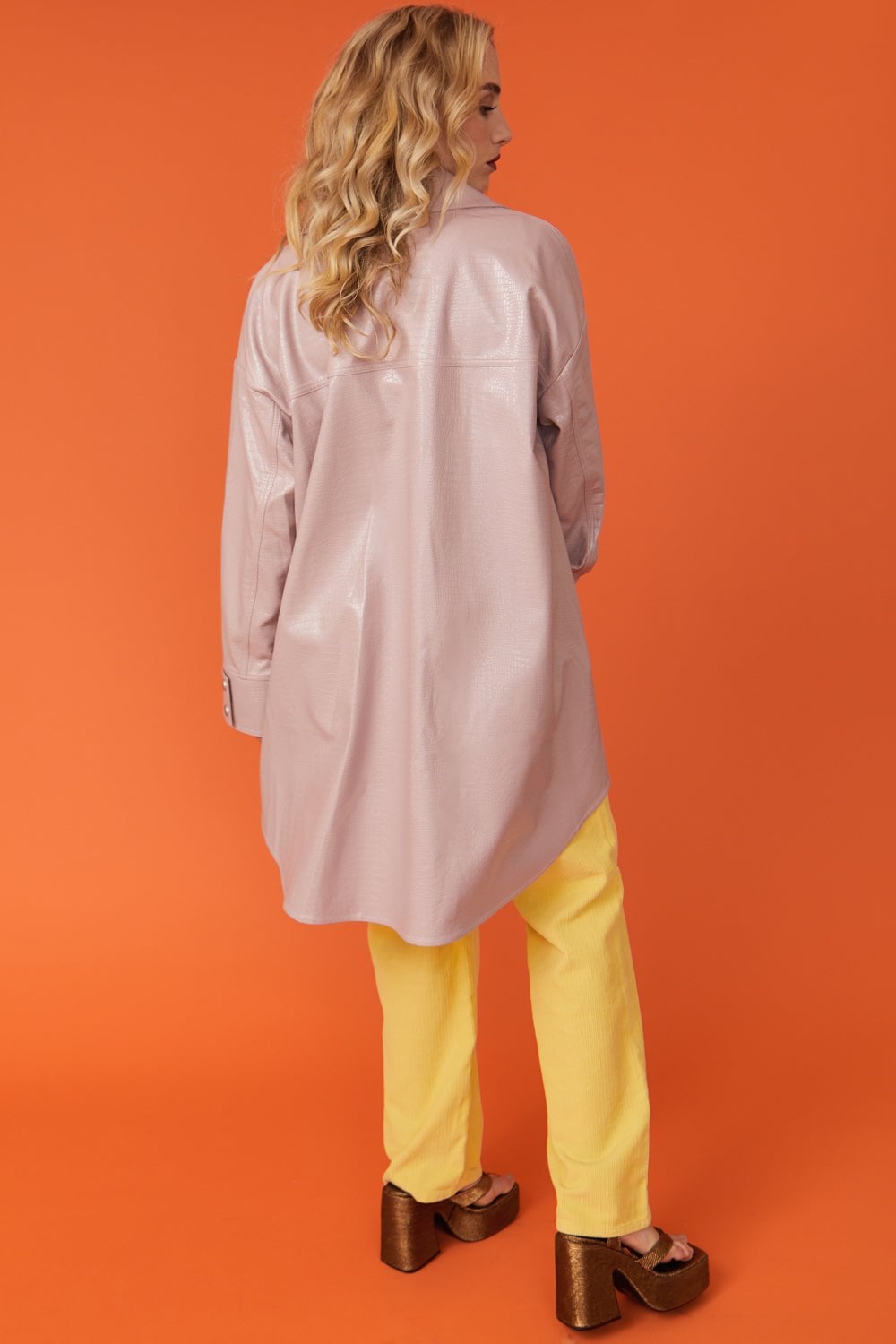 Baby Pink Oversized Faux Suede Leather Trench Coat with Exaggerated Collar-Faux Leather Jackets-Buy Me Fur Ltd-Baby Pink-S-M-Elastane - Viscose Blend-Urbanheer